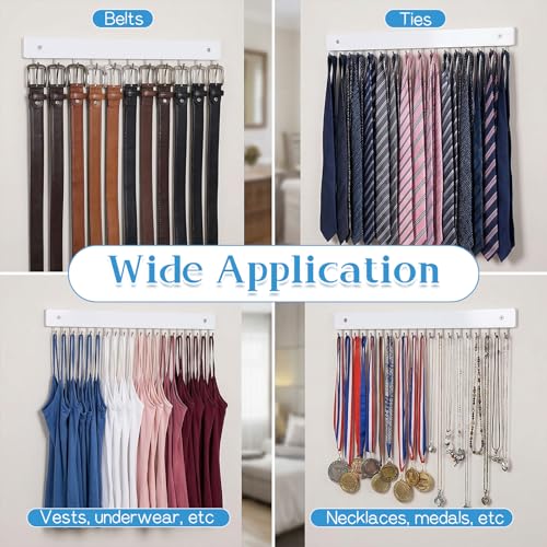 2 Pcs Tie Rack Wall Mounted, Wooden Tie Belt Organizer with 40 Hooks Non Slip 180 Degree Space Saving Hangers with Screws for Ties, Keys, Scarves, Tops, Belt, Bags (White)