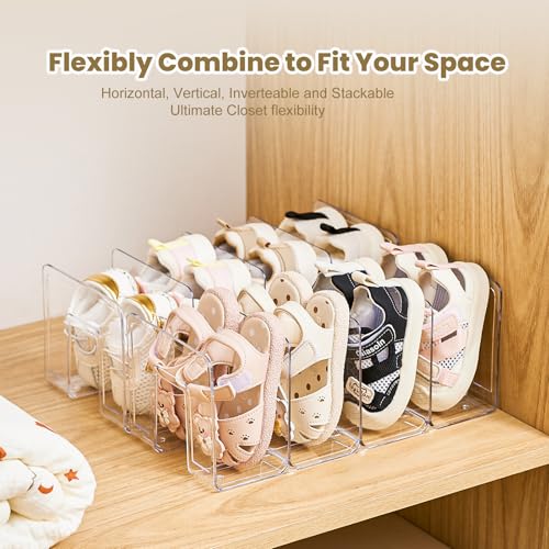 UFORU 2-Pack Acrylic Toddler Shoe Organizer,Baby Kids Shoe Rack Storage | Clear Stackable 4‑Section Shelf Hold Up To Four Pairs Per Rack,Also Organizes Books, Files, Purses And Desk Supplies.