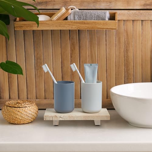Natural Travertine Tray Pedestal Stand, Stone Riser for Bathroom & Kitchen | Stone pedestal riser, unique veining. Hand-polished, waterproof. Soap & vanity display. Perfume & candle catchall. Non-slip.