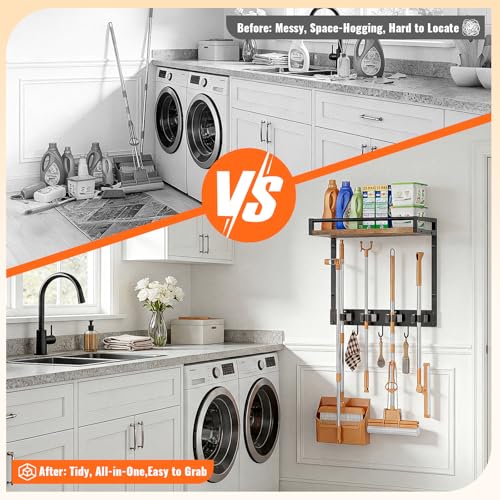 Broom Holder Wall Mount with Shelf, 15.7" Wx6.7 Dx15.7 H, 1 Pack | Load 66LBS, 4 Mop Hanger Grippers, 3 Hooks, for Laundry Room, Garage, Utility Closet, Kitchen