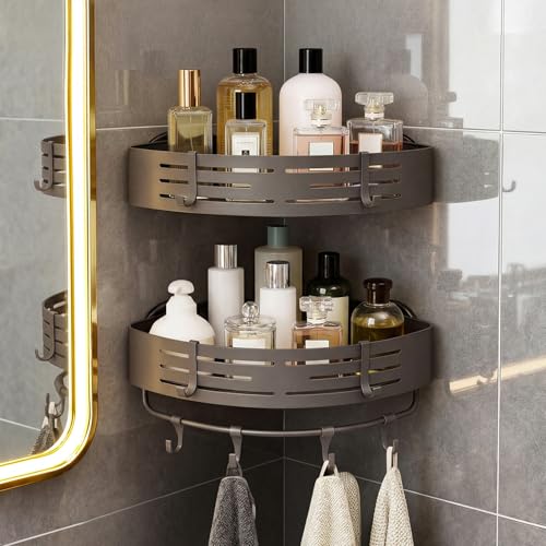 3-Tier No-Drill Storage Caddy with Hooks&Towel Bar,Organizing Solution for Bathroom,Shower&Kitchen,Holds Shampoos,Soaps,Sponges&Cleaners,Triangle