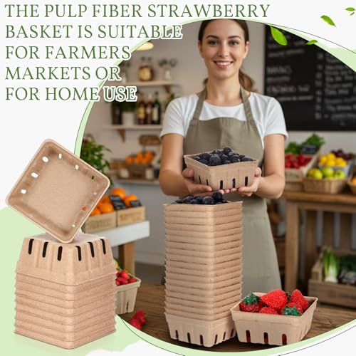 Reallnaive 20 Pack Natural Pulp Fiber Berry Baskets 1/2 Pint | For Strawberry, Blueberry, Raspberry, Vegetables, Farmers Market, Fruit Picking, Garden Harvest, Small Molded Produce Vented