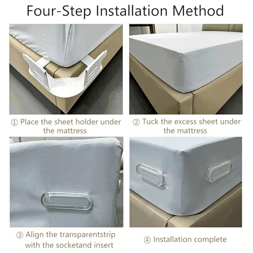 Bed Sheet Holders for Corners, Fitted Sheet Holder 4 Pack, No-Slip Mattress Fasteners, Strong Grip Bed Accessories, Firm & Tight, Universal Fit, Easy One-Time Installation