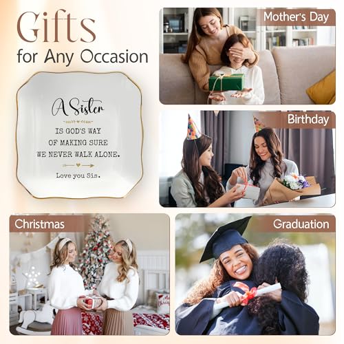 Sister Birthday Gifts for Women - 4"X4" Ceramic Jewelry Dish Tray | Sister Gifts, Ring Dish for Women, Gift For Sister, Gold Trim Design, Desk Vanity Decor, Polished Finish