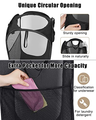 2 Pack Strong Mesh Pop Up Laundry Hamper, 70L Collapsible Laundry Basket with Steel Frame, Double‑Stitched Handles & Side Pocket, Foldable Dirty Clothes Hamper for Dorm, Bedroom, Black