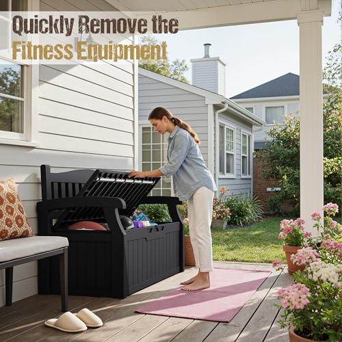 80-Gallon Outdoor Storage Bench for Patio, Garden, Pool, Black | Waterproof Deck Box with Lockable Lid & Armrests