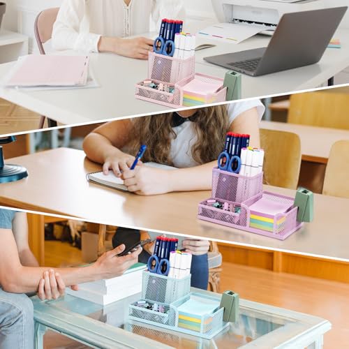 M&G Mesh Pen Holder Desk Organizers Pencil Holder for Desk Pink, 3 Compartments Metal Office Supply Organizer with Sticky Notes Holder for Home Office