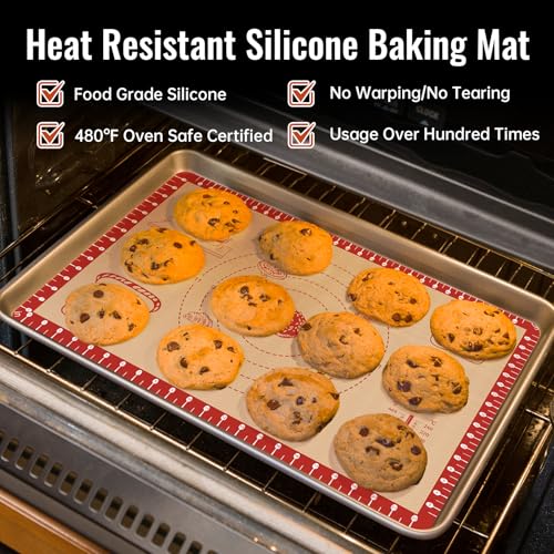 Silicone Baking Mat with 10 Recipes, Extra Thick Silicone Mats for Baking, Non Stick Pastry Mat for Rolling Dough, Silicone Macaron Baking Mat for Cookie,Bread,Pizza,Fondant Mat, Oven&Dishwasher Safe