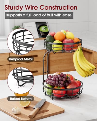 Fruit Basket for Kitchen Counter - 2-Tier Large Capacity Fruit Bowl with Detachable Banana Hanger, Rust-Proof Metal Fruit Holder for Vegetables, Bread, Toiletry,10" D x 10" W x 14" H, Black