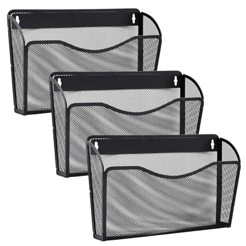 3 Pack Wall File Organizer, Mesh Wall File Pocket Mail Organizer Hanging Metal Vertical Wall Mounted File Holder for Office/Home