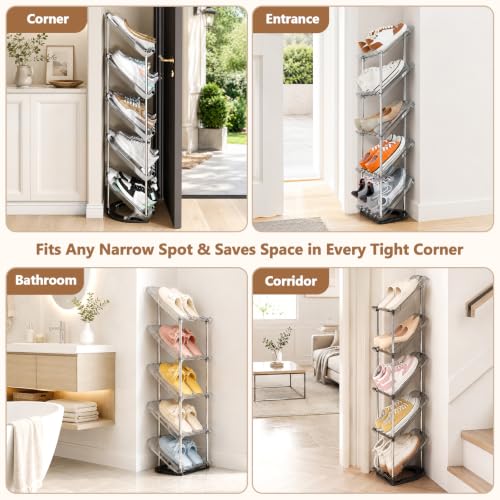 Patinao Sloping Narrow Shoe Rack 5 Tiers - Free Standing Vertical Shoes Racks for Small Spaces and Corner, Shoe Storage Organizer for Entryway, Tall Slim Shoe Shelf Cabinet for Shoes and Boots