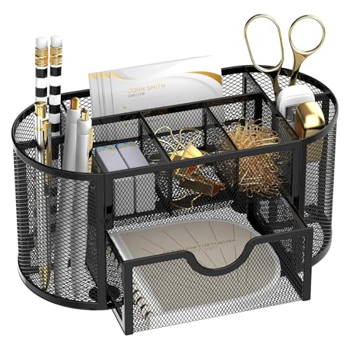 Mesh Desk Organizer with Drawer, 9-Compartment Pen... (9 Count | Obsidian Black | Metal)