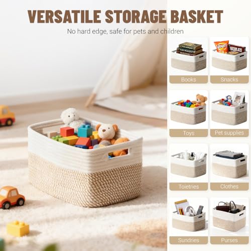 5 Pack Woven Storage Baskets, Decorative Storage Bins for Organizing | 13.8'' × 9.8'' × 7.9'', Cotton Rope Basket Organizer for Closet, Shelves, bathroom, Nursery, Toys, Books, Pantry, Khaki/White
