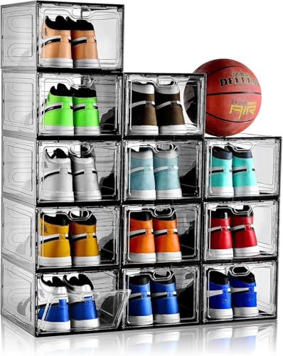 INSTY 12 Pack Gray Transparent Shoe Storage Organizer, Stackable Shoe Boxes for Closet, Drop Front Plastic Shoe Box with Grey Door, Easy to Assemble, Fit up US Size 12(13.4”x 9.8”x 7.1”)