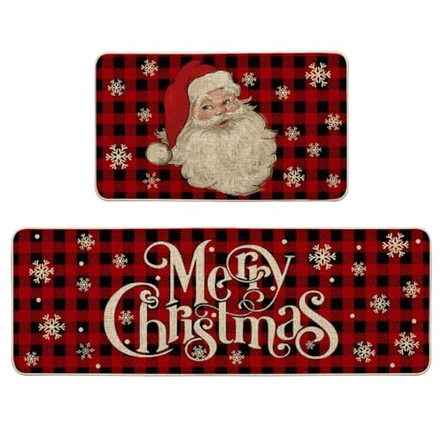Buffalo Plaid Snow Santa Claus Christmas Kitchen R... (Multi-color)