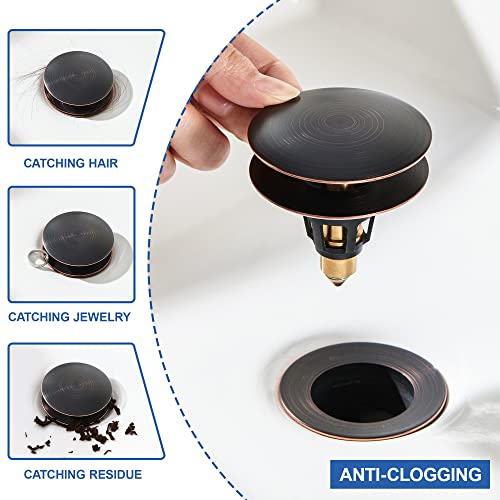 Universal 3-in-1 Bathroom Sink Stopper - Pop Up Sink Drain Stopper, Push Button Sink Drain Stopper Replacement, Wash Basin Drain Filter Plug with Anti-Clogging Strainer, Oil Rubbed Bronze