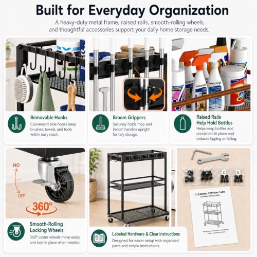 Cleaning Supplies Organizer Cart with Wheels, Broom and Mop Holder with 5 Grippers, 6 Hooks, 3 Shelves, Rolling Broom Closet Storage Rack for Laundry Room, Kitchen, Bathroom, Garage, Poolside