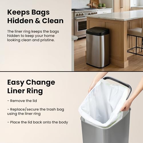 Ninestars 13 Gallon Automatic Trash Can, 50L Touchless Motion Sensor Garbage Can with Odor-Sealing Lid, Rectangular Stainless Steel, Black Trim