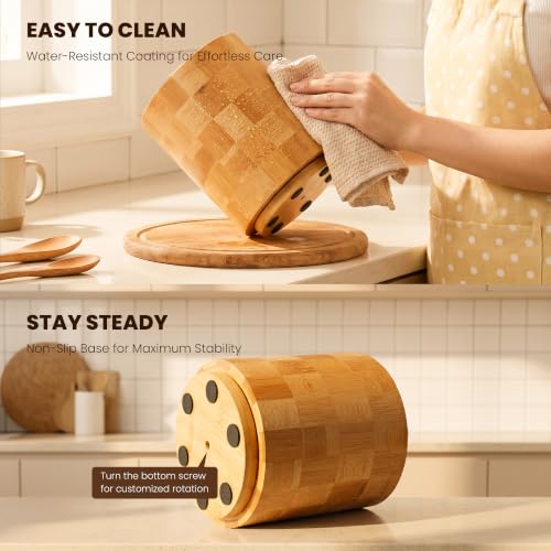 360° Rotating Checkered Bamboo Utensil Holder for Countertop | 6.5" Large Capacity, Kitchen Utensil Crock Organizer for Spatulas & Spoons