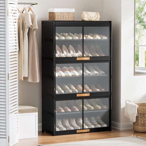 7 Tier Shoe Cabinet with Doors, 24-Pair Storage, Black | Tall design saves floor space. Transparent doors for quick find. Adjustable layers for boots. Waterproof & easy wipe.