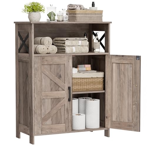 Homhedy Farmhouse Bathroom Storage Cabinet with Doors, Small Floor Cabinet | Toilet Paper Cabinet with Adjustable Shelf, Freestanding Storage Cabinet for Kitchen/Laundry/Living Room, 24"W, Greige