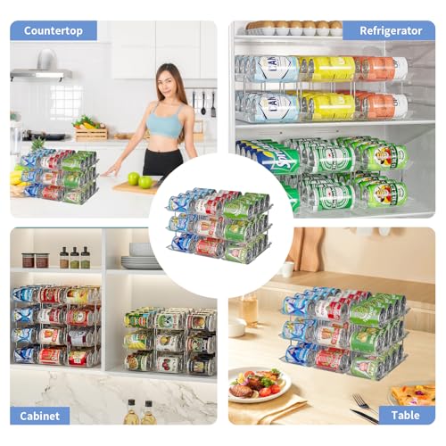 Can Organizer for Pantry, 3-Tier Stackable Can Dispenser Rack | Automatic Rolling, Modular Flexible Combination, Extra-Thick Clear Material, Cabinet Pantry Fridge Countertop Storage