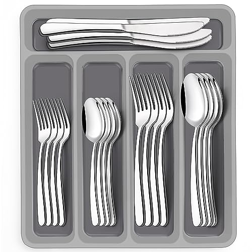 40-Piece Silverware Set with Organizer, EWFEN Heavy Duty Stainless Steel Flatware Set for 8, Food-Grade Tableware Cutlery Set, Utensil Sets for Home Restaurant, Mirror Finish, Dishwasher Safe