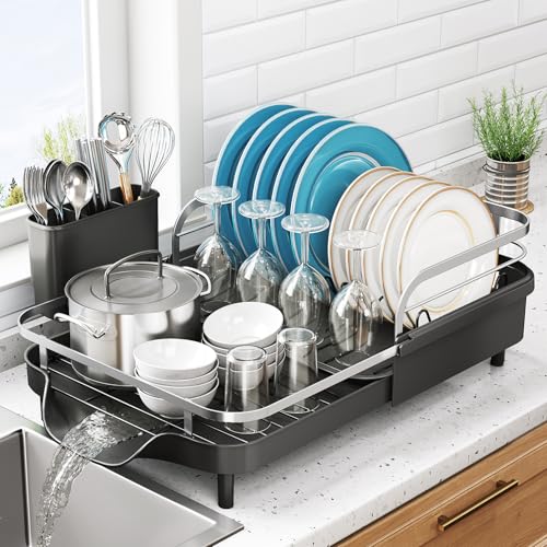 SNTD Expandable Dish Drying Rack for Kitchen Counter, 15.2-22.1 in, Black | Rust-Resistant Stainless Steel, Protective Side Rails, Self-Draining Drainboard, Removable Utensil Holder