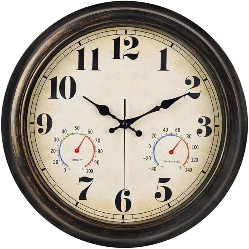 zyzamay 13 Inch Outdoor Clock with Thermometer and Hygrometer,BlackGold | Easy to Read,Non-Ticking Battery Operated Quality Quartz Waterproof Wall Clock, Decorative for Patio,Porch,Pool,Bathroom