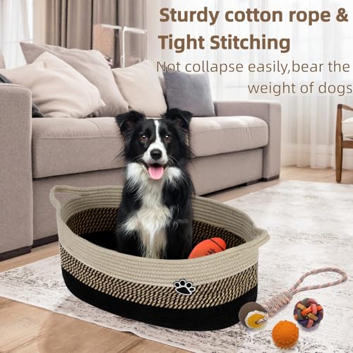Optish 40L Extra Large Dog Toy Basket, XL Toy Storage Box and Bin with Handles, 20" x 14" x 9" Woven Cotton Rope Foldable Basket for Blankets, Living Room, Bedroom, Home Decor, Black & Brown