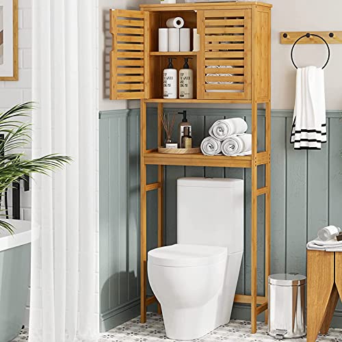Over The Toilet Storage Cabinet, Tall Bathroom Cabinet Organizer with Cupboard and Adjustable Shelves, Freestanding Toilet Shelf Space Saver Rack Stand for Laundry Room, Balcony, Bamboo