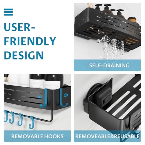 Onemake Suction Cup Shower Caddy, Shower Shelf, Bathroom Organizer, Black | No-drill Rustproof Aluminum Removable Caddy with Hooks, Wall Mounted Shower Organizer, Corner Shampoo Holder for Bathroom