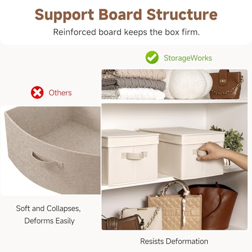 StorageWorks Fabric Storage Bins with Lids, Decorative Storage Bins with PU Handles, Foldable Storage Baskets for Closet, Shelves, Stackable and Sturdy Organization, Beige(Cotton Linen), Large, 3-Pack