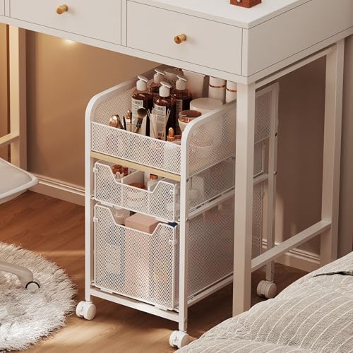 Rolling Makeup Cart Organizer with 2 Drawers, Unde... (White | Metal, Wood)