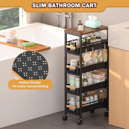 Slim Storage Cart with Wheels, Narrow Kitchen Rolling Cart, Black | 5-Tier Skinny Rolling Cart with Wooden Top & Lockable Wheels, Storage Organizer for Bathroom, Laundry Room, Narrow Space