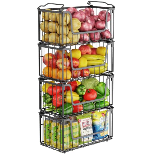 4 Pack Foldable Wire Basket for Pantry Organizers and Storage, Stackable Vegetable Fruit Basket for Kitchen Counter, Black Potato and Onion Storage Bin