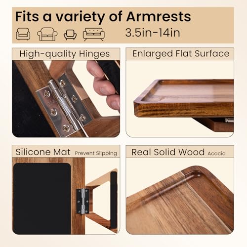 Acacia Wood Couch Arm Tray,Folding Sofa Armrest Table | Clip-On Couch Desk,Foldable, Non-slip,No Assembly,for Drinks Snacks Phone,Remote Control