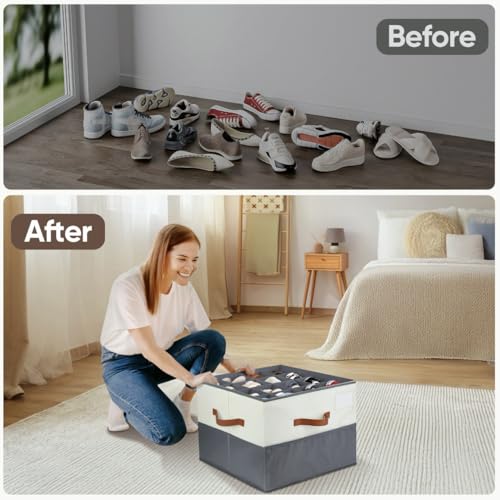 Shoe Organizer for Closet, 2 Pack Shoe Storage Containers with Adjustable Dividers, Space Saving Shoe Box Organizers Bins with Clear Lids & 4 Handles, Fits 16-32 Pairs, Beige & Grey