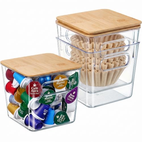 Qilinba 3 PACK Coffee Pod Holder K Cup Organizer Large Capacity Clear Storage Container Bins with Bamboo Lids for Coffee Bar Organization and Storage