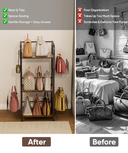 3-Tier Purse Organizer Rack, Iron & Wood Floor-Standing Bag Storage Holder with Adjustable Side Basket and Hook Handbag Organizers Display Stand Shelf for Closet, Bedroom, Entryway, Black
