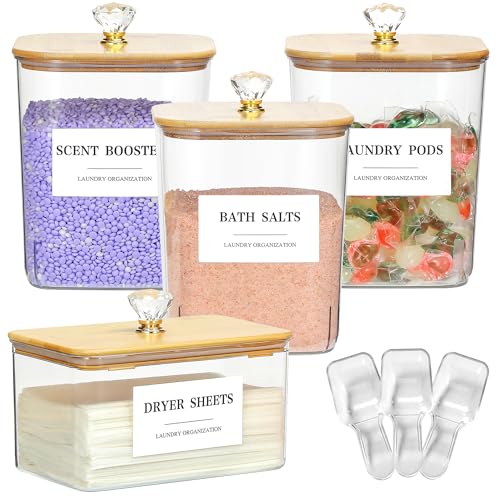 4 Pack Clear Laundry Pods Container & Dryer Sheet Holder Set with Lid, Laundry Containers with Scoops & Labels, Laundry Room Organization and Storage for Laundry Detergent, Pods, Powder, Beads