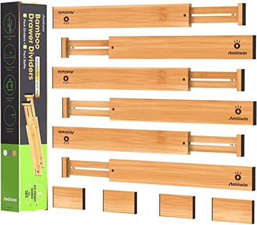 Bamboo Drawer Dividers, Expandable Drawer Separators Splitter, 17-22 inches Adjustable Spring-loaded Organizer for Large Utensil, Clothes, Tools Drawers, 6 Pack Dividers + 4 Pack Baffle