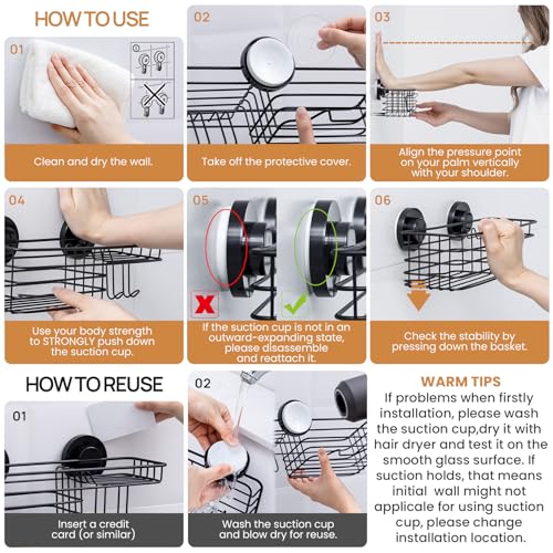 Shower Caddy Suction Cup, 2 Pack Shower Shelves fo... (2 Count | Black | Metal)
