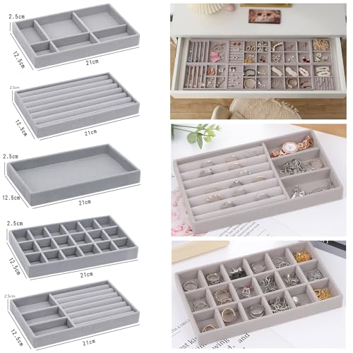 10 Pack Jewelry Organizer Tray Drawer Inserts Stackable Velvet Liner Dividers Customizable Jewellery Box Foam Ring Earring Holder Necklace Bracelet Storage Display Dish Flat in Dresser Vanity