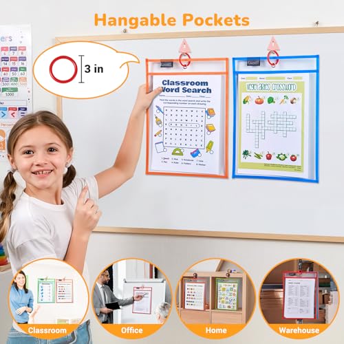 GAMENOTE 30 Pack Dry Erase Pockets, 10x14 Reusable Sleeves, 10 Colors | 30 reusable PVC pockets hold 8.5 x 11 and 9 x 12 sheets; double sided wipe clean surfaces, pen loops, eyelets, and 5 rings