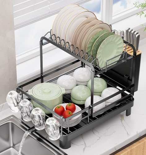Runnatal 2-Tier Dish Drying Rack, Large Dish Drainers for Kitchen Counter | Anti-Rust Dish Rack with Drainboard, Utensil Holder, Extra Cup Holder, Black