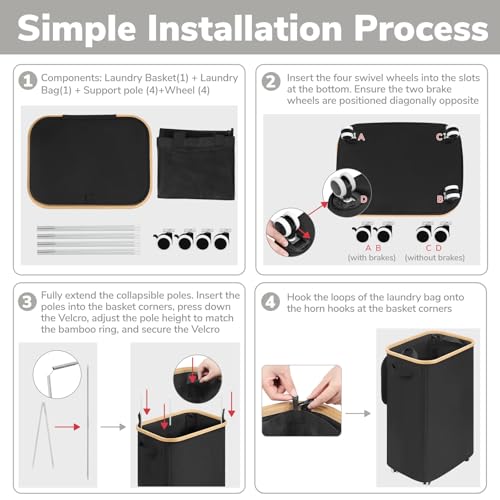 Goodpick 100L Large Rolling Laundry Basket with Wheels and Lid, Black | 17.3" × 13" × 29.5" Collapsible Laundry Hamper for Clothes & Blankets Storage, Removable Wash Bag, Bathroom Organization