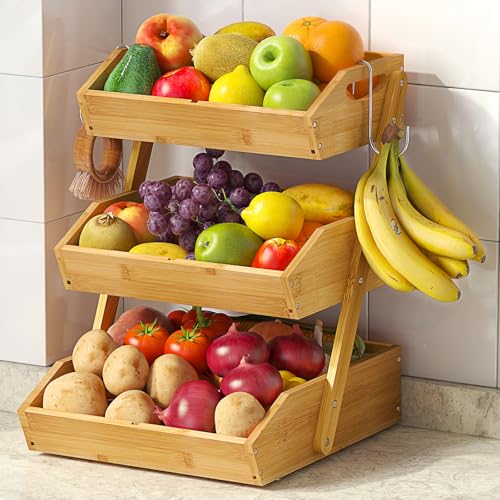 3-Tier Bamboo Fruit Basket with 2 Banana Holders | Large tiered organizer for bread, snacks, veggies. Sturdy bamboo, includes mats & dividers. Easy to assemble.