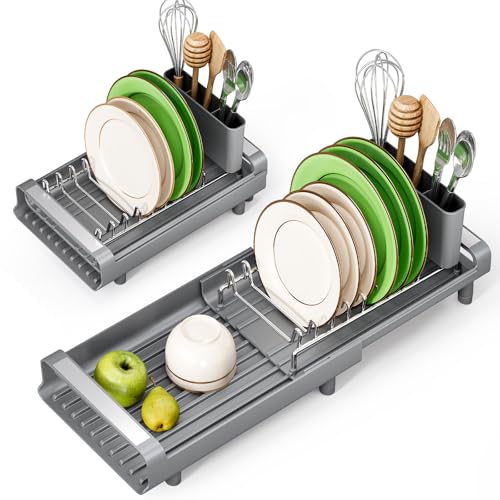 TOOLF Small Dish Drying Rack, Expandable and Space-Saving, Gray | Mini Dish racks for kitchen counter, Compact Design Fits Sink or Counter, Stainless Steel Plate Rack, 11"-19.3"L×7.7"W×3.54"H