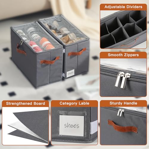 Shoe Organizer for Closet, Fits 32 Pairs, Gray, 4 Pack | Space Saving, Adjustable Dividers, Clear Cover, Reinforced Handles, Stackable & Foldable Farbic Shoe Storage Organizer Box